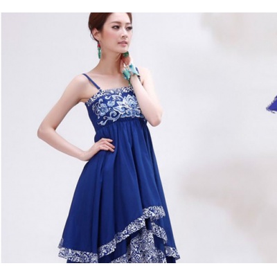 民族风吊带裙雪纺长裙青花瓷刺绣连衣裙