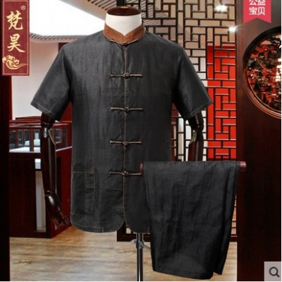香云纱唐装男套装 中老年男款真丝短袖套装