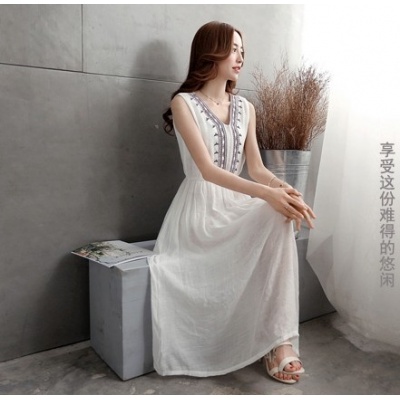 2015夏无袖棉麻连衣裙女民族风薄款连衣裙刺绣长裙女