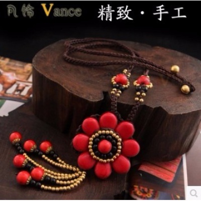 高档手工编织棉麻饰品松石花朵吊坠云南民族风特色项链毛衣链