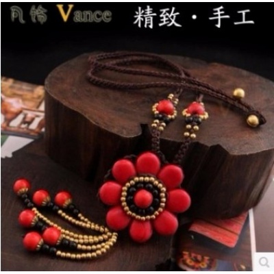 高档手工编织棉麻饰品松石花朵吊坠云南民族风特色项链毛衣链