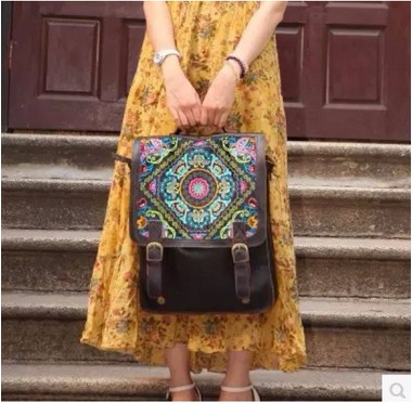 牛皮电脑双肩包 复古民族风刺绣花包包 旅行包