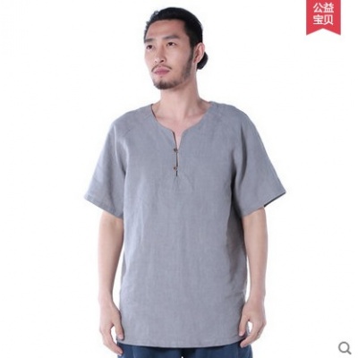 中国风亚麻男装中式立领宽松大码衬衣