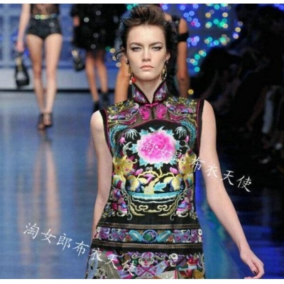 民族风重工刺绣花朵欧根纱气质修身旗袍连衣裙