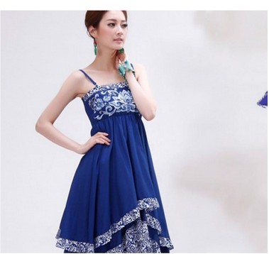 民族风吊带裙雪纺长裙青花瓷刺绣连衣裙