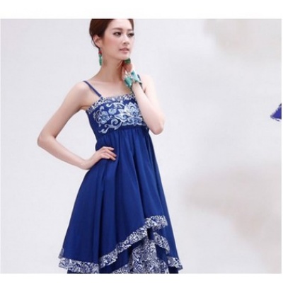 民族风吊带裙雪纺长裙青花瓷刺绣连衣裙