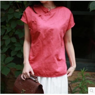 夏装民国风上衣女中式改良短款亚麻衬衣民族风衬衫