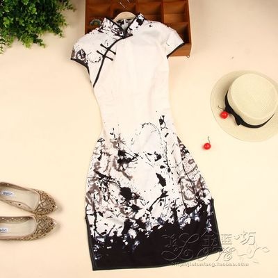 黑白水墨旗袍民族风改良女中式短袖夏装棉麻唐装