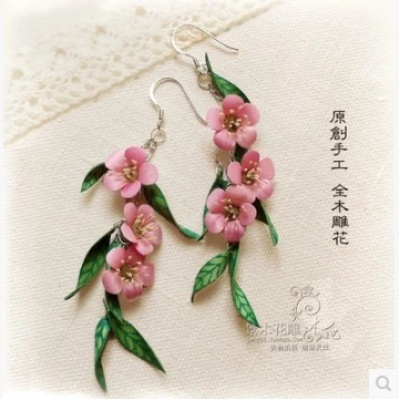 手工桃花朵朵耳饰古典木花耳环纯银钩