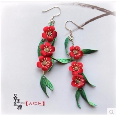 手工桃花朵朵耳饰古典木花耳环纯银钩