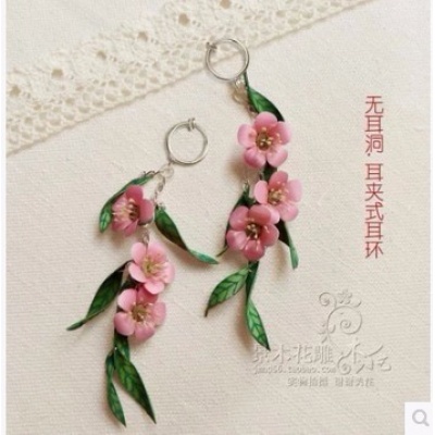 手工桃花朵朵耳饰古典木花耳环纯银钩
