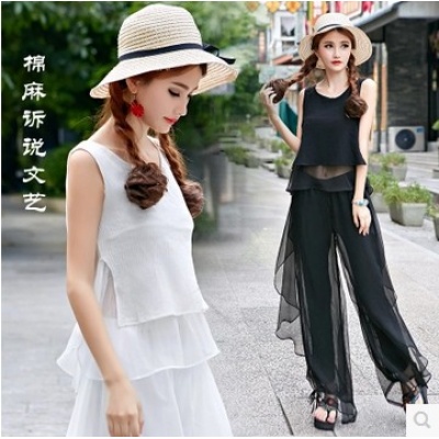 文艺风背心棉皱假两件套圆领棉麻无袖上衣