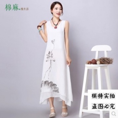 中国风水墨手绘双层背心长裙宽松棉麻连衣裙