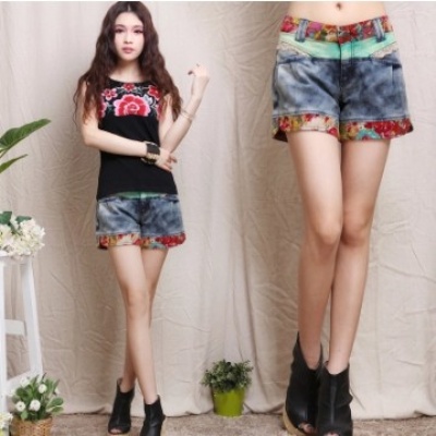 新款拼接印花短牛仔布裤短裤热裤青垮裤