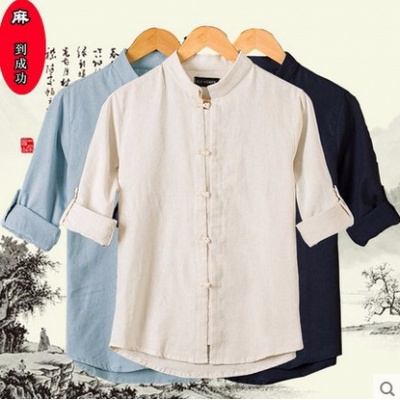 立领亚麻衬衫盘扣棉麻衬衣中国风