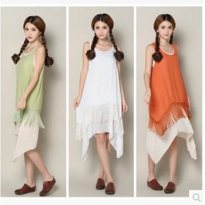 复古棉麻假两件不规则无袖连衣裙长裙