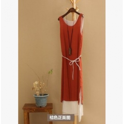 连衣裙文艺棉麻文艺范女装宽松大码长裙复古假两件套