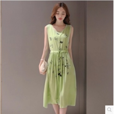 女士透气无袖薄款棉麻连衣裙印花亚麻长裙