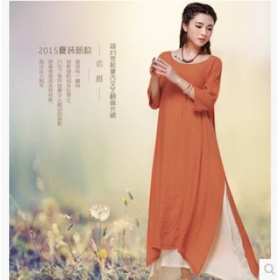 棉麻连衣裙夏长裙2015夏装新款女文艺范短袖显瘦夏季裙子