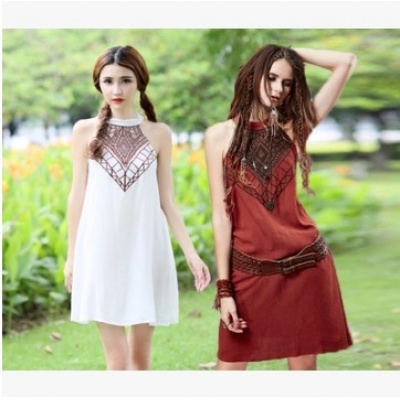 夏装新款女民族风 刺绣花A型背心 连衣裙