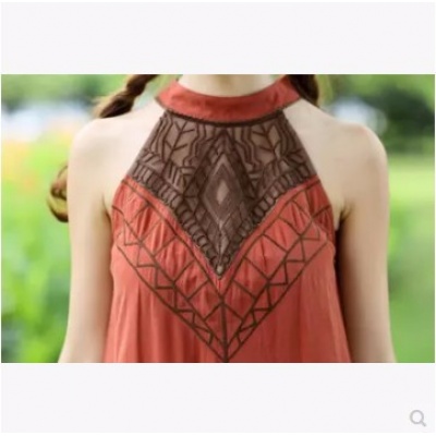 夏装新款女民族风 刺绣花A型背心 连衣裙