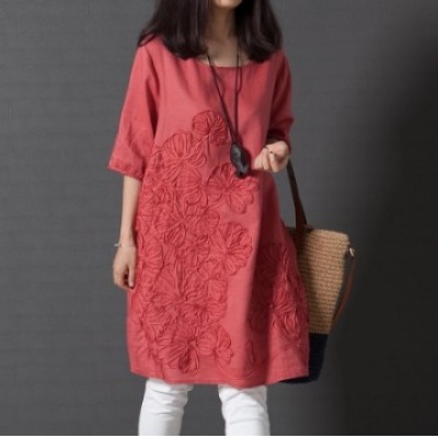 连衣裙大码女装文艺范小清新宽松绣花短袖棉麻