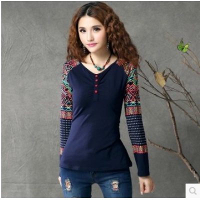 民族风印花打底衫包扣 修身棉长袖女t恤