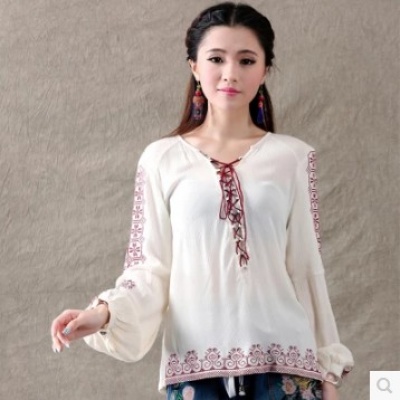 英伦风文艺几何十字绣 绑带V领长袖衬衫