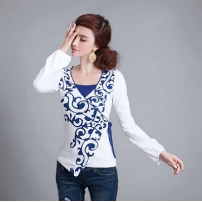 假两件 撞色 灯笼袖 超修身 长袖t恤 