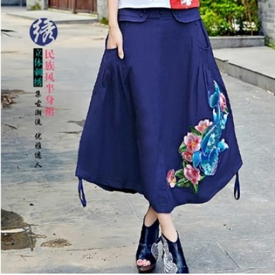 民族风绣花 棉麻 松紧腰百搭复古文艺范潮