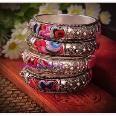 民族风个性苗银老绣片混搭特色掐丝手镯