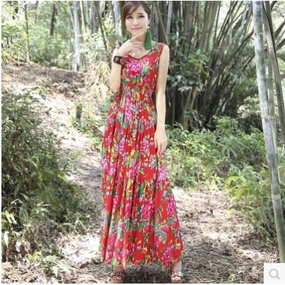 复古印花连衣裙民族风无袖棉麻背心裙长裙