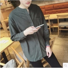 男士民族风棉麻长袖衬衫百搭简约修身立领衬衣