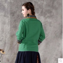 民族风棉麻盘扣拼接撞色田园风短款七分袖上衣衬衫